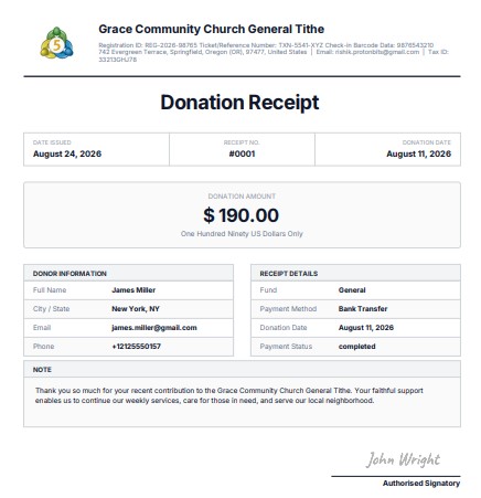Sample Donation Receipt