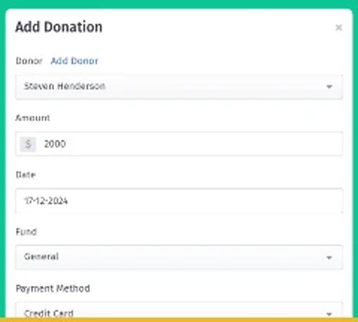 DonorKite add donation form with donor, amount, date, fund and payment method fields