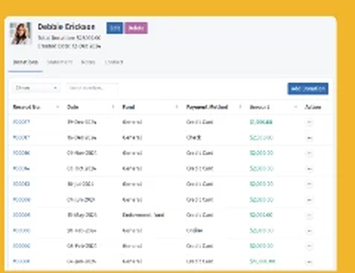 DonorKite donor profile with full donation history, funds, payment methods and amounts