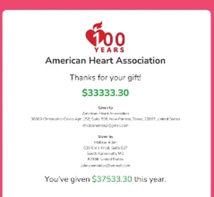 Donation receipt generated by DonorKite thanking a donor for their gift