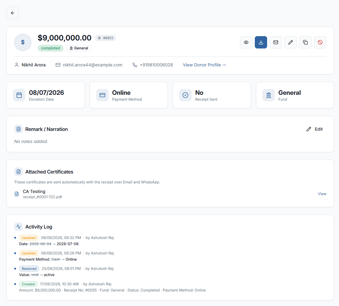 Donation detail page with receipt number, payment method and activity log