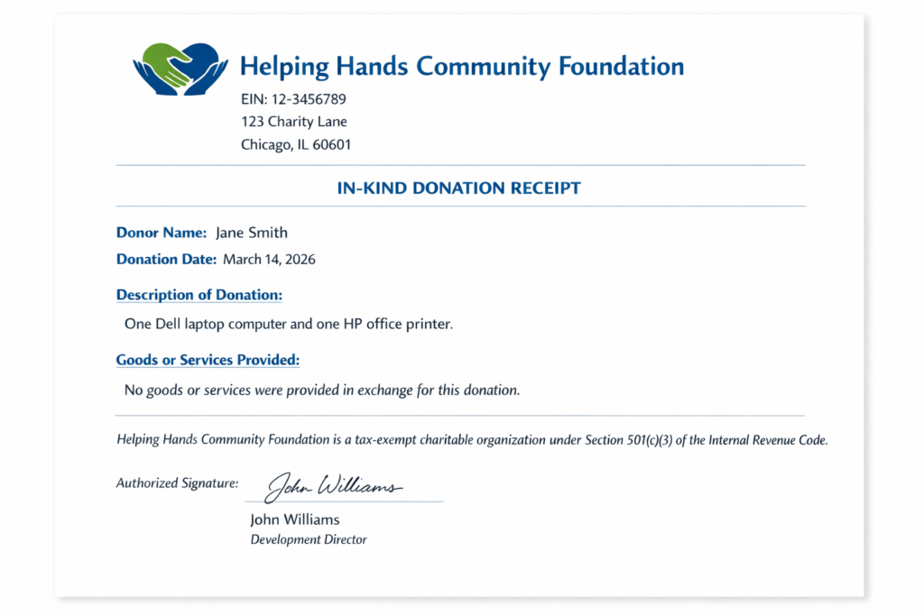 In-Kind Donation Receipt
